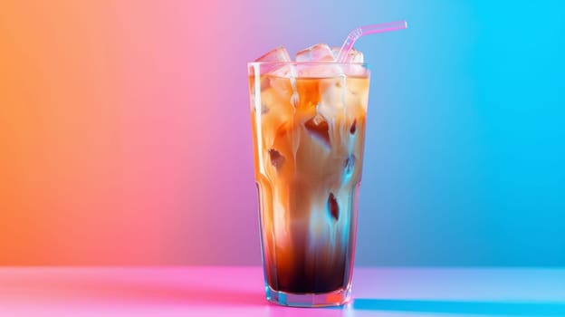 Iced coffee in a tall glass on a colorful background.