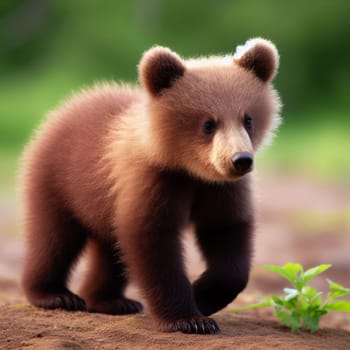 Adorable brown bear cub standing on all fours paws in a forest clearing