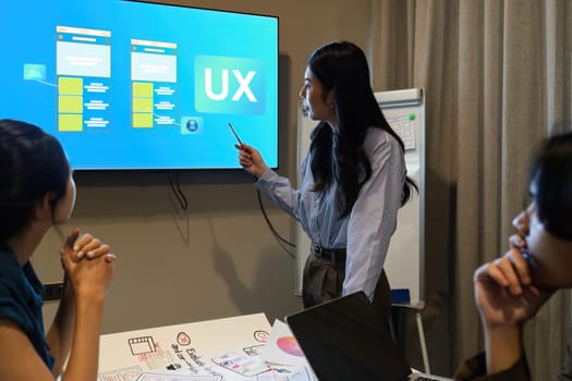 ux developer and UI designer team brainstorm together about designing application interface layout. Creative digital development agency. UX UI concept.