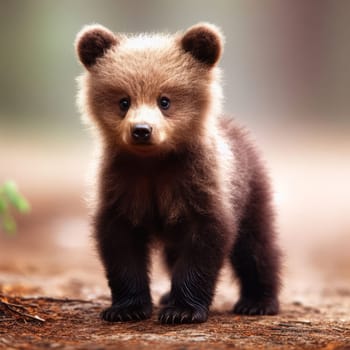 Portrait of cute bear cub standing in a natural setting,y, with sunlight filtering through the wool