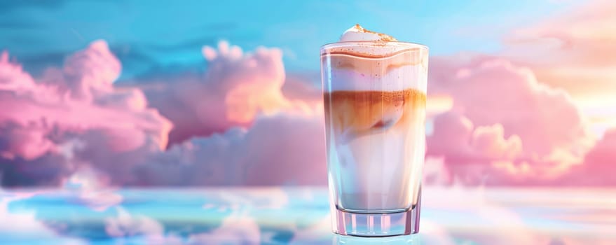 Iced coffee with whipped cream against a dreamy sky backdrop.