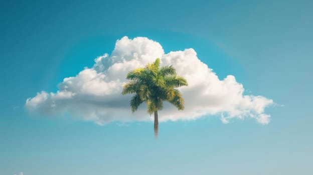 Palm tree on a cloud against a blue sky.