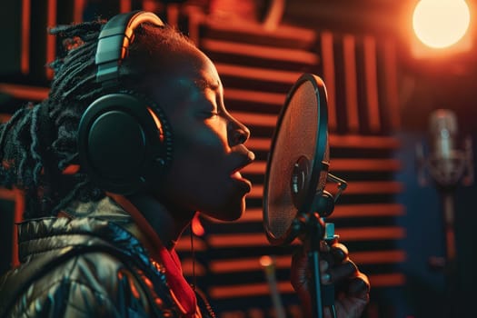 A singer wearing headphones belts out a powerful note in a soundproof vocal booth