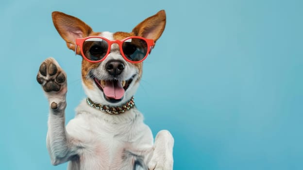 Joyful dog wearing red sunglasses and beaded necklace raising paw.