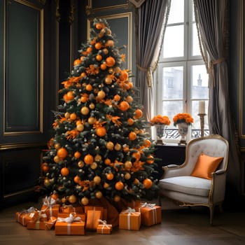 Christmas tree with orange stars and baubles around orange gifts, home interior. Xmas tree as a symbol of Christmas of the birth of the Savior. A time of joy and celebration.