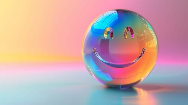Smiling glass sphere with colorful reflections on gradient background.
