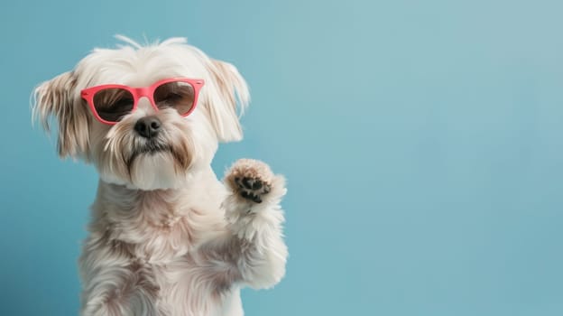 White dog wearing pink sunglasses on blue background.