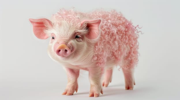 Pink Pig With Curly Hair on White Background.