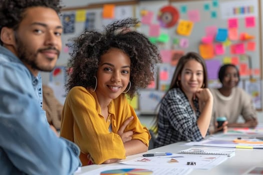 A group of multi-ethnic colleagues sit around a whiteboard filled with colorful ideas and diagrams