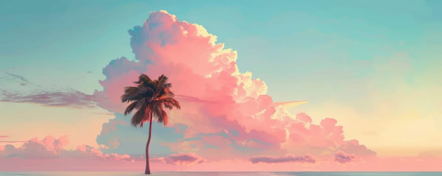 Single palm tree against a vibrant sunset sky with fluffy pink clouds.