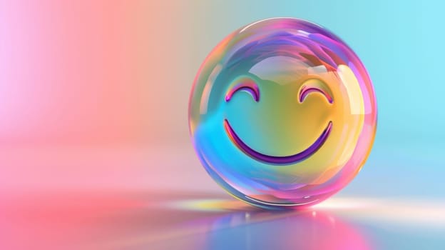Colorful iridescent smiley face icon on pastel background.