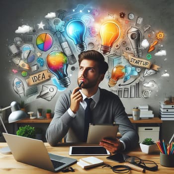 A creative professional brainstorming, surrounded by colorful drawn icons of ideas, light bulbs, and business elements