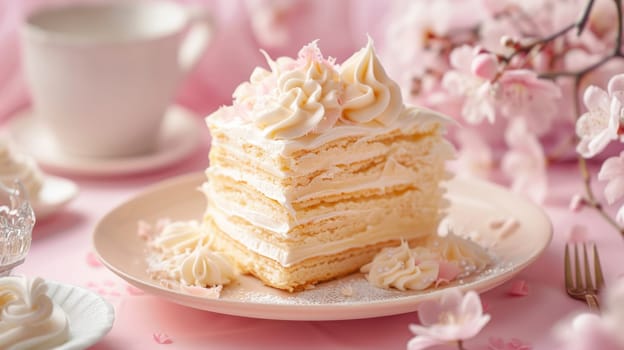 A slice of cake is placed elegantly on top of a pristine white plate, showcasing its moist texture and colorful toppings. The plate sits on a clean surface, emphasizing the simplicity and deliciousness of the dessert.