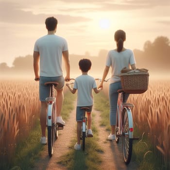 Family enjoying a serene bike ride through golden fields at sunset, embodying peace, unity, and simple joys of life