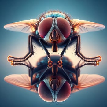 Close up image of a fly's head and thorax with a mirrored reflection on a blue background