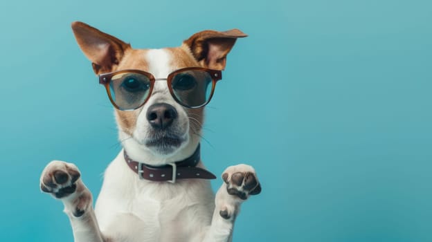 Dog in sunglasses with paws up.