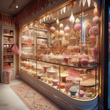 A whimsical candy store window display filled with a variety of colorful sweets and confections