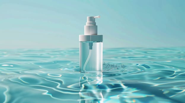 Blue skincare bottle with splashing water.