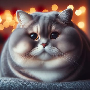 Close-up of a gray fat cat with big round eyes and a pink nose, against a blurred background with orange lights