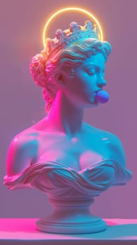 Colorful neon light sculpture of a classical bust with a crown and bubble gum.