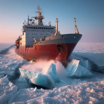 Icebreaker ship navigating through icy waters, crushing icebergs under the soft glow of sunset