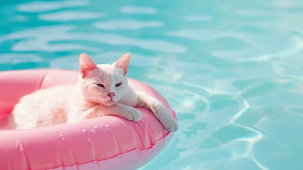 White cat relaxing on a pink inflatable ring mattress in a swimming pool.