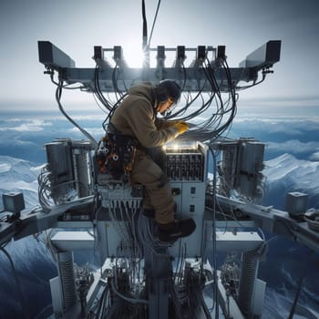 Technician maintaining a communication tower high above snowy mountains under a bright sky