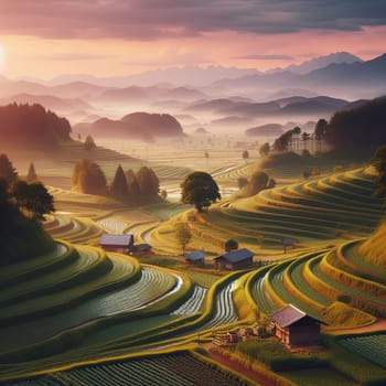 Sunrise over mountainous landscape with rice fields and houses