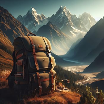 Travel backpack on a grassy hill overlooking a mountain range and river valley, with a warm, dreamy color palette