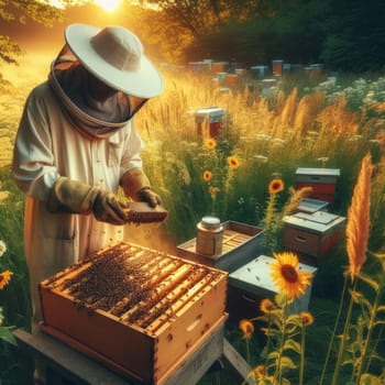 Beekeeper tending to bees amidst sunflowers, with hives in a golden-lit field