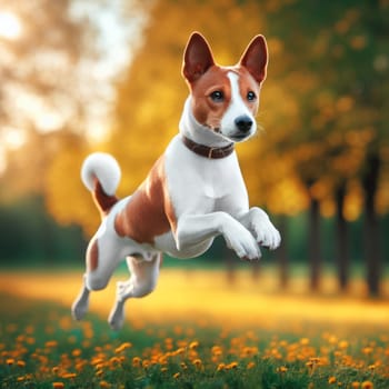 A playful Basenji dog is captured mid-jump in a park, with a backdrop of trees and flowers bathed in the golden hour light