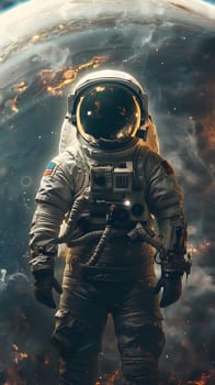 The astronaut is gazing at an astronomical object in the darkness of space, surrounded by a pattern of stars. Their helmet and personal protective equipment create a protective circle around them