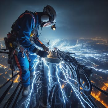 A electrician worker on a high-rise building with a cityscape background, wearing safety gear and working with cables, under a surreal blue lightning