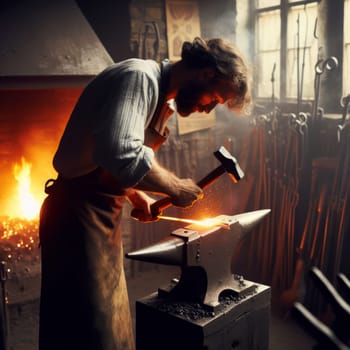 Blacksmith hammers hot metal on an anvil, surrounded by the warm glow of the forge