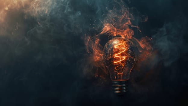 A burning light bulb emits a bright light in the middle of a dark background. The filament inside the bulb glows intensely, creating a contrast against the surrounding darkness.