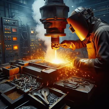 A welder in protective gear is diligently working with a welding machine in a factory, with sparks flying from the metal piece he's working on