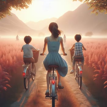 A mother and her two children enjoy a peaceful bike ride through a field of tall grass at sunrise, with mountains in the background