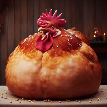 A vibrant close-up of a fat rooster with open beak, showcasing its rich plumage and expressive face, set against a rustic backdrop