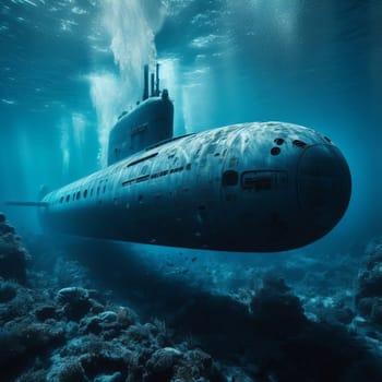 Submarine submerged underwater, surrounded by coral reefs, illuminated by sunlight penetrating the ocean's surface