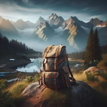 A backpack rests on a rock with a serene mountain and lake landscape at sunrise in the background
