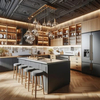 Modern kitchen with a black island and bar stools, wooden flooring, gold accents, high ceiling with a chandelier, and a large window