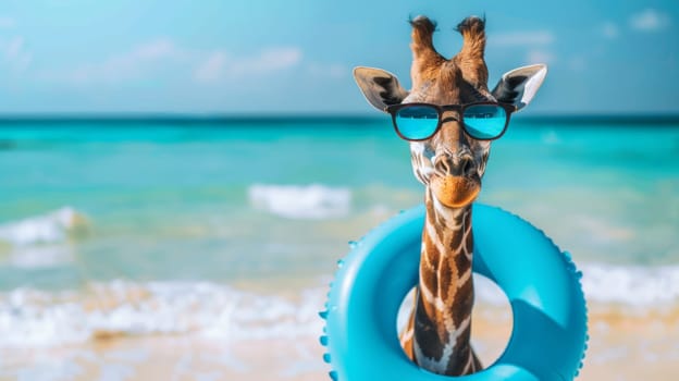Giraffe with sunglasses and a swim ring at the beach.