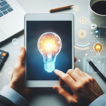 Businessman hands holding a tablet displaying a glowing light bulb, symbolizing idea or innovation, amidst a tech-infused environment