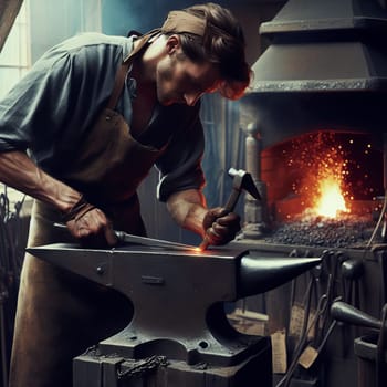 A blacksmith hammers a hot metal piece on an anvil, with a fiery forge in the background