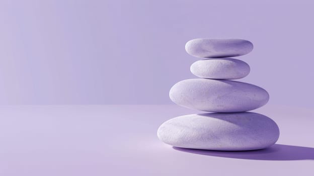 Stack of smooth stones on purple background.
