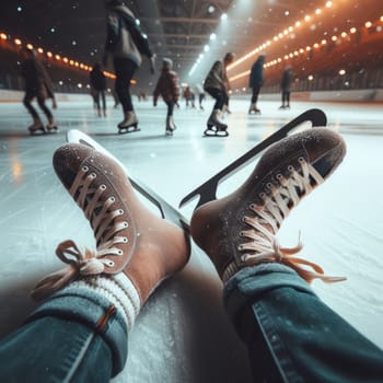 Close-up of ice skates on legs with people skating in a brightly lit indoor ice rink