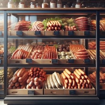 Variety of sausages displayed in a well-lit, modern deli case, showcasing an assortment of flavors and sizes