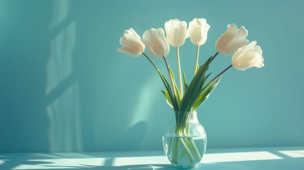 White tulips in a glass vase on a blue background.
