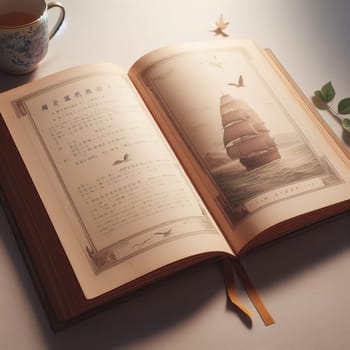 Open book with a ship illustration on the right page and Chinese text on the left page, on a table with a teacup and a plant