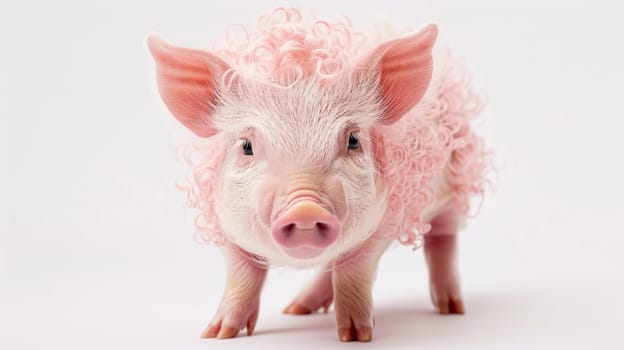 Pink Pig With Curly Hair on White Background.